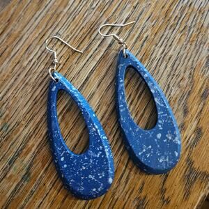Handmade Artistic / Eclectic Blue Speckled Wood Open Teardrop Dangle Earrings